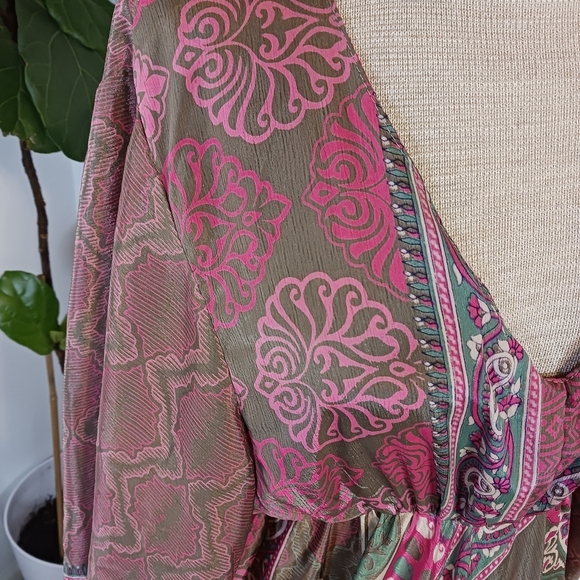 Celina Boho Maxi Womens Dress OSFM Silk Blend Paisley Magenta Wedding Guest - Picture 6 of 12